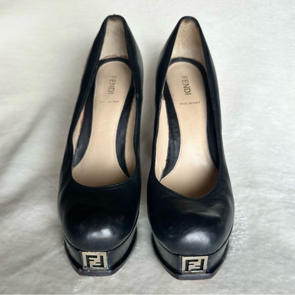 Fendi Shoes - Fendi Fendista Black Leather Heels Platform Gold Logo Size 40 EU US 10